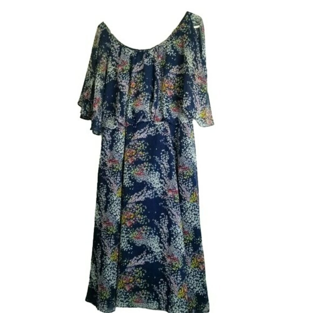 Modcloth cold shoulder dress Navy‎ floral flowy beach resort wear L missing belt
